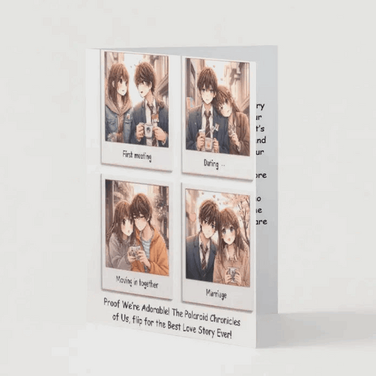 A folded Polaroid Love Story anime anniversary card featuring scrapbook-style Polaroid snapshots of a couple’s romantic journey—meeting, dating, moving in, and marriage. The front message reads: The Polaroid Chronicles of Us, flip for the Best Love Story Ever! Inside, a heartfelt message celebrates the beauty of their love story.