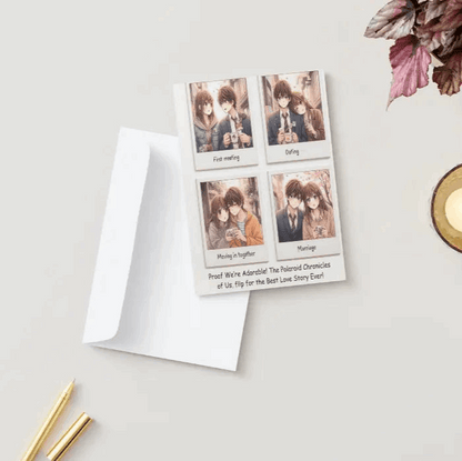 A folded Polaroid Love Story anime anniversary card featuring scrapbook-style Polaroid snapshots of a couple’s romantic journey—meeting, dating, moving in, and marriage. The front message reads: The Polaroid Chronicles of Us, flip for the Best Love Story Ever! Inside, a heartfelt message celebrates the beauty of their love story.