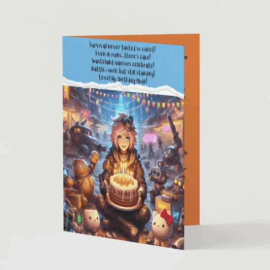 An anime birthday card featuring a stylish survivor in a post-apocalyptic wasteland, holding up a battle-worn birthday cake surrounded by adorable robotic companions and neon-lit makeshift decorations.