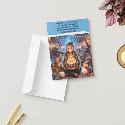 An anime birthday card featuring a stylish survivor in a post-apocalyptic wasteland, holding up a battle-worn birthday cake surrounded by adorable robotic companions and neon-lit makeshift decorations.