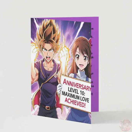 Anime Anniversary Card - Power-Up Through Love Maximum Level Design - Gaming Couple Achievement Card