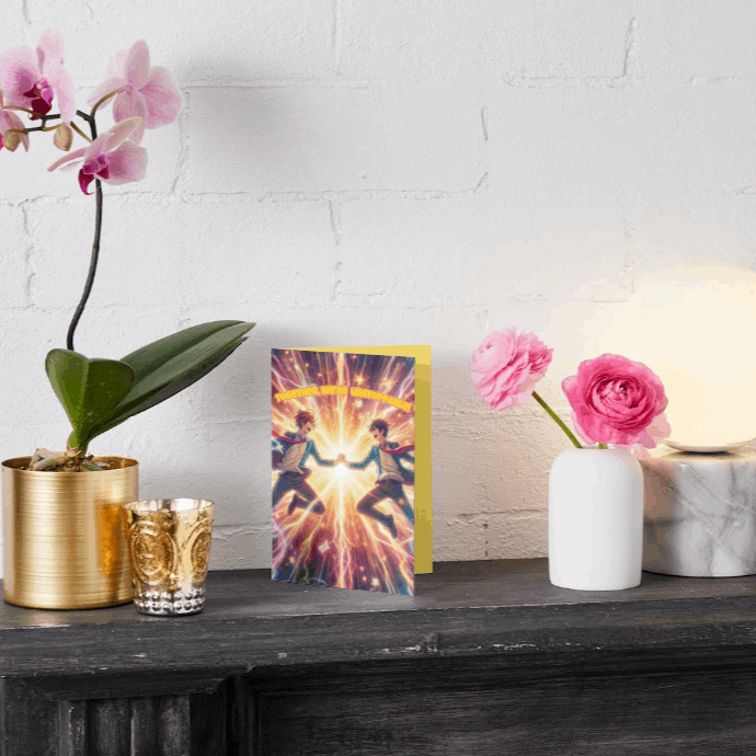 An anime-style friendship greeting card with an energetic and inspiring message. The front reads Together, we're unstoppable! while the inside delivers an electrifying tribute to unbreakable friendships.