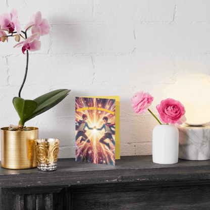 An anime-style friendship greeting card with an energetic and inspiring message. The front reads Together, we're unstoppable! while the inside delivers an electrifying tribute to unbreakable friendships.