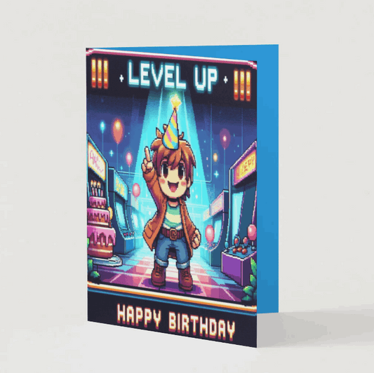 A nostalgic pixel-art anime birthday card featuring a chibi adventurer in a neon-lit arcade, standing proudly in front of a giant birthday cake. The screen flashes 'LEVEL UP: HAPPY BIRTHDAY!' in classic retro gaming style.