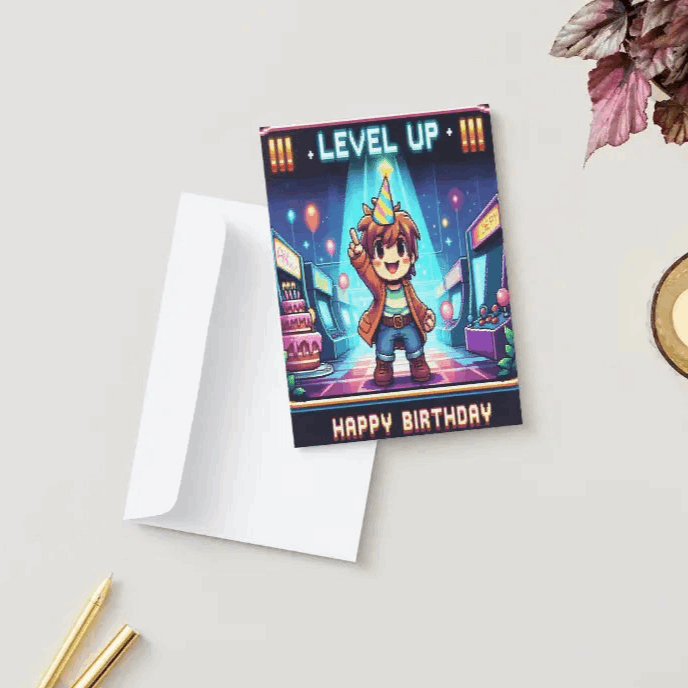 A nostalgic pixel-art anime birthday card featuring a chibi adventurer in a neon-lit arcade, standing proudly in front of a giant birthday cake. The screen flashes 'LEVEL UP: HAPPY BIRTHDAY!' in classic retro gaming style.