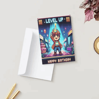 A nostalgic pixel-art anime birthday card featuring a chibi adventurer in a neon-lit arcade, standing proudly in front of a giant birthday cake. The screen flashes 'LEVEL UP: HAPPY BIRTHDAY!' in classic retro gaming style.