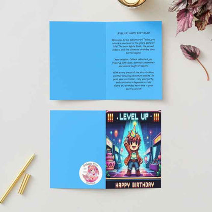 Anime Birthday Card - Retro Arcade Adventure Design - Pixel Gaming Level Up Celebration