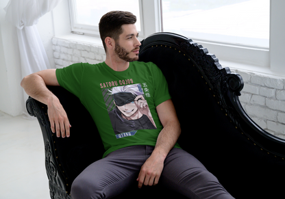 HEATHER WHITE - BACK Jujutsu Kaisen Satoru Gojo anime t-shirt featuring blindfold and cocky smile portrait design on unisex triblend fabric
