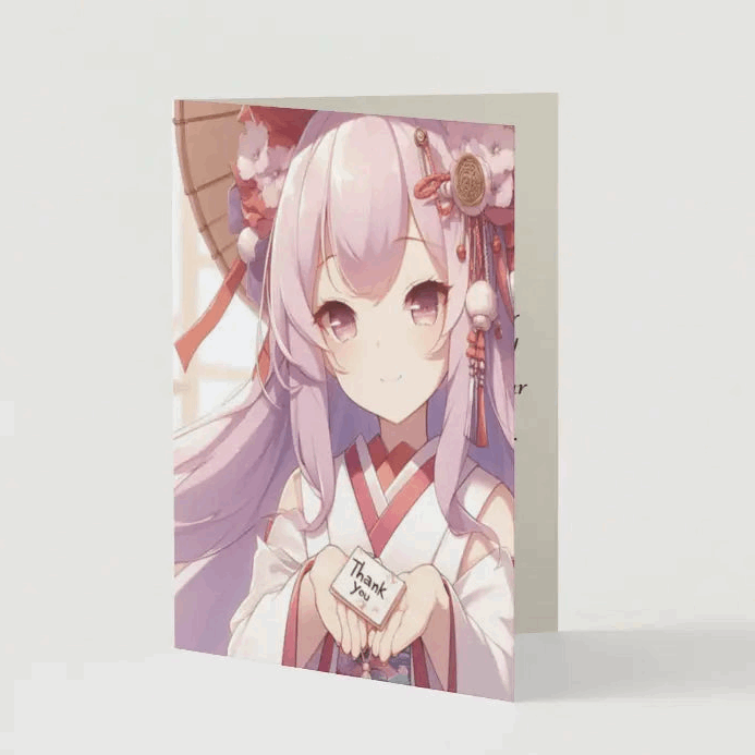 Illustration of a serene anime shrine maiden, gracefully offering a paper charm marked with "Thank You" in elegant calligraphy, standing in a tranquil shrine setting.
