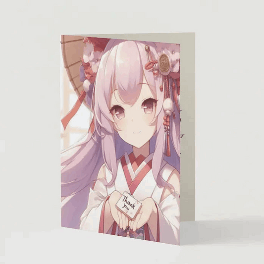 Illustration of a serene anime shrine maiden, gracefully offering a paper charm marked with "Thank You" in elegant calligraphy, standing in a tranquil shrine setting.