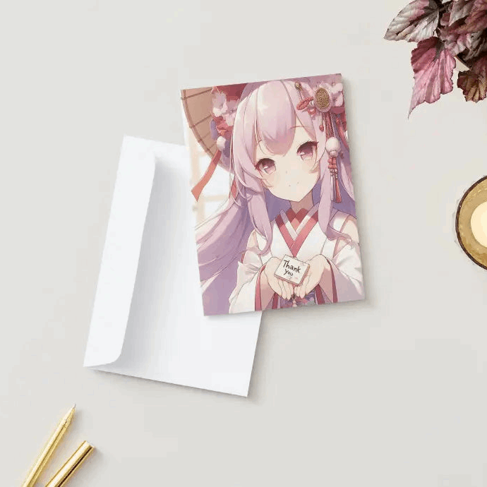 Illustration of a serene anime shrine maiden, gracefully offering a paper charm marked with "Thank You" in elegant calligraphy, standing in a tranquil shrine setting.