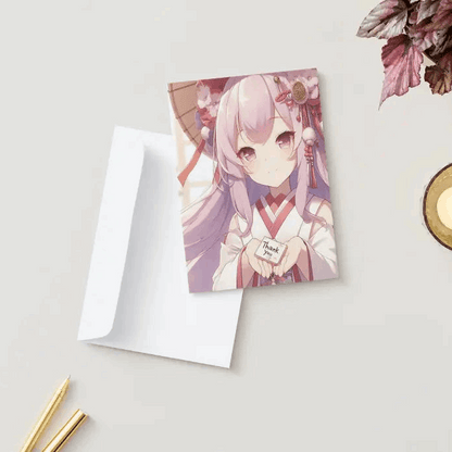 Illustration of a serene anime shrine maiden, gracefully offering a paper charm marked with "Thank You" in elegant calligraphy, standing in a tranquil shrine setting.