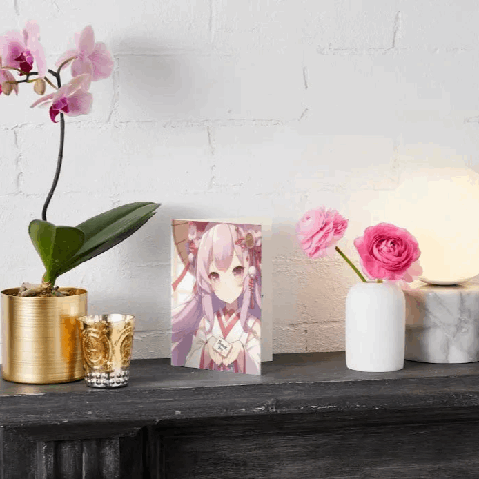 Illustration of a serene anime shrine maiden, gracefully offering a paper charm marked with "Thank You" in elegant calligraphy, standing in a tranquil shrine setting.