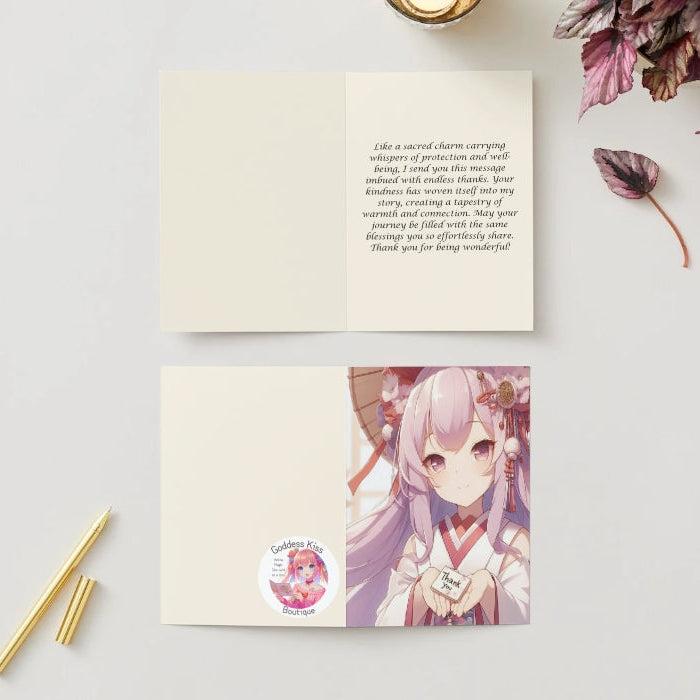 Anime Thank You Card - Shrine Maiden Design - Sacred Blessing Gratitude Card - Goddess Kiss Boutique