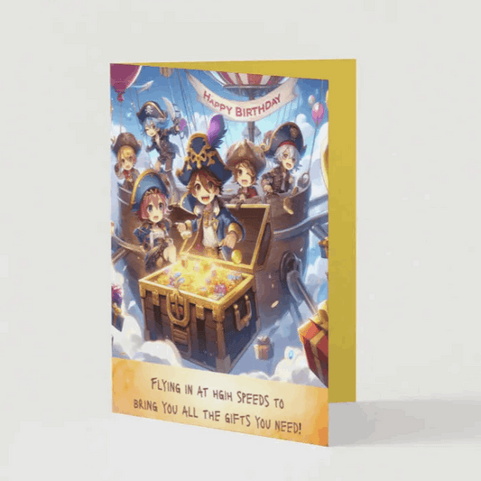 An anime birthday card featuring a lively crew of sky pirates sailing through the clouds in their airship, revealing a treasure chest brimming with birthday gifts and gold coins.