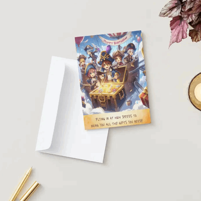 An anime birthday card featuring a lively crew of sky pirates sailing through the clouds in their airship, revealing a treasure chest brimming with birthday gifts and gold coins.