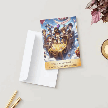 An anime birthday card featuring a lively crew of sky pirates sailing through the clouds in their airship, revealing a treasure chest brimming with birthday gifts and gold coins.