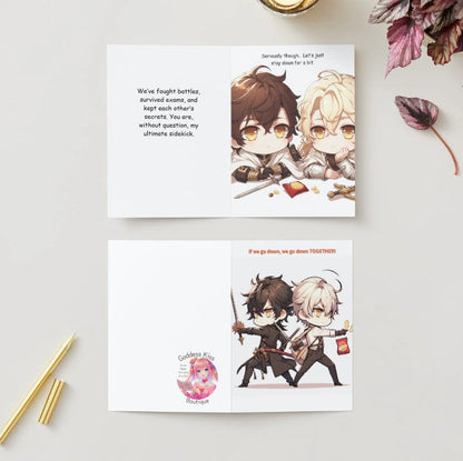 Anime Friendship Greeting Card featuring two chibi-style characters standing back-to-back with fire blazing in the background. One holds a sword, the other a snack. Front text reads: 'If we go down, we go down together.' Inside message highlights the strength of friendship with heartfelt and humorous words.