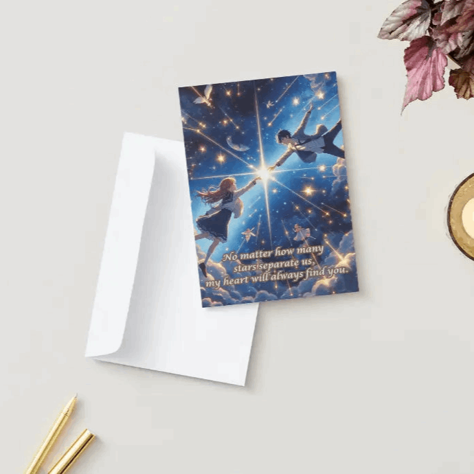 "An anime-style anniversary card featuring star-crossed lovers reaching for each other across a glowing night sky. Floating feathers and twinkling stars enhance the dreamy, celestial theme. The heartfelt message reads: 'No matter how many stars separate us, my heart will always find you.