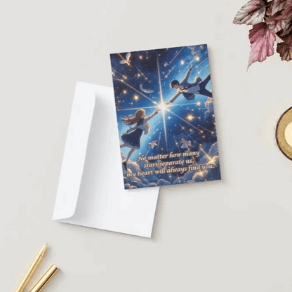 "An anime-style anniversary card featuring star-crossed lovers reaching for each other across a glowing night sky. Floating feathers and twinkling stars enhance the dreamy, celestial theme. The heartfelt message reads: 'No matter how many stars separate us, my heart will always find you.