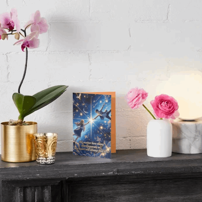 "An anime-style anniversary card featuring star-crossed lovers reaching for each other across a glowing night sky. Floating feathers and twinkling stars enhance the dreamy, celestial theme. The heartfelt message reads: 'No matter how many stars separate us, my heart will always find you.
