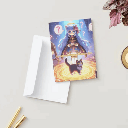 A humorous anime greeting card featuring a Bishoujo anime character mid-summoning, looking apologetic as a smug house cat appears instead of a legendary dragon.