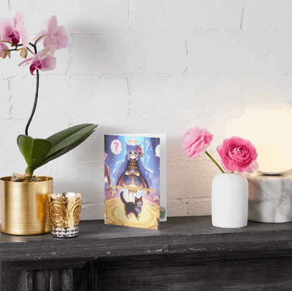 A humorous anime greeting card featuring a Bishoujo anime character mid-summoning, looking apologetic as a smug house cat appears instead of a legendary dragon.