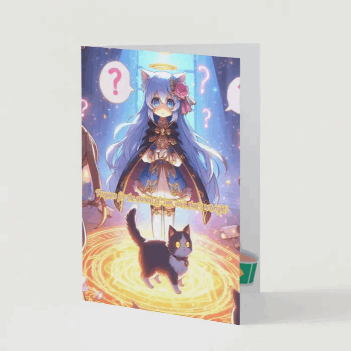 A humorous anime greeting card featuring a Bishoujo anime character mid-summoning, looking apologetic as a smug house cat appears instead of a legendary dragon.
