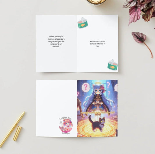 A humorous anime greeting card featuring a Bishoujo anime character mid-summoning, looking apologetic as a smug house cat appears instead of a legendary dragon.