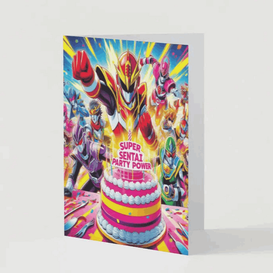 An action-packed anime birthday card featuring a team of color-coded sentai heroes striking dynamic poses as they present an extravagant birthday cake. The scene is filled with vibrant comic-book-style energy bursts, emphasizing excitement and celebration.