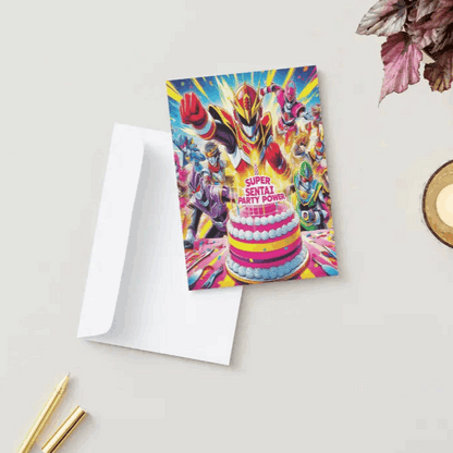 An action-packed anime birthday card featuring a team of color-coded sentai heroes striking dynamic poses as they present an extravagant birthday cake. The scene is filled with vibrant comic-book-style energy bursts, emphasizing excitement and celebration.