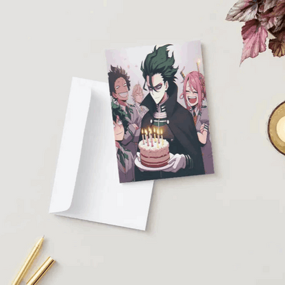 Birthday Card with Anime Villains on the front of it next to envelope