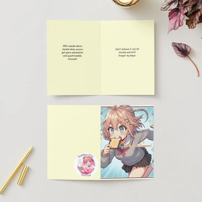 An anime character runs frantically, gripping a bite of toast between their teeth, embodying the classic anime morning rush. A fun and relatable Anime Humor Card for those who live life at full speed!