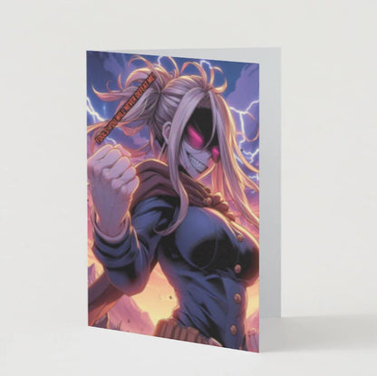 A colorful anime humor greeting card featuring an over-the-top villain shouting "Fools! You will never defeat me!" on the front, with comedic interruptions inside.