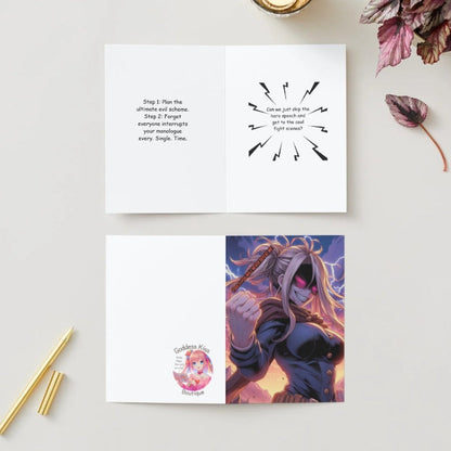 A colorful anime humor greeting card featuring an over-the-top villain shouting "Fools! You will never defeat me!" on the front, with comedic interruptions inside.