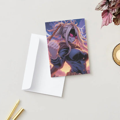 A colorful anime humor greeting card featuring an over-the-top villain shouting "Fools! You will never defeat me!" on the front, with comedic interruptions inside.