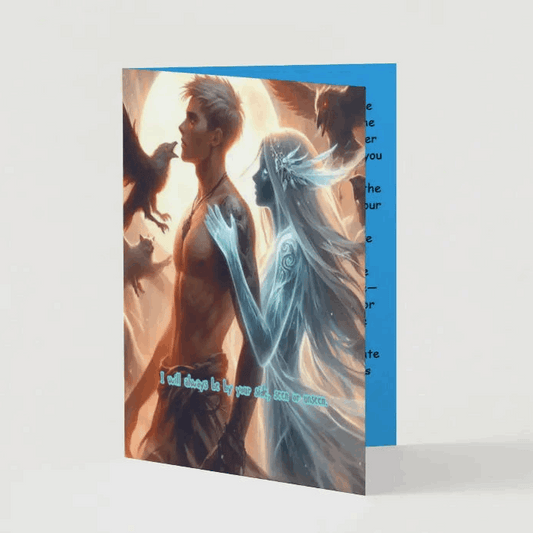 A folded Your Guardian Love anime anniversary card featuring an ethereal illustration of a couple, where one is revealed as a protective spirit watching over the other. The front message reads: I will always be by your side, seen or unseen. Inside, a heartfelt love note expresses devotion that transcends time and space.