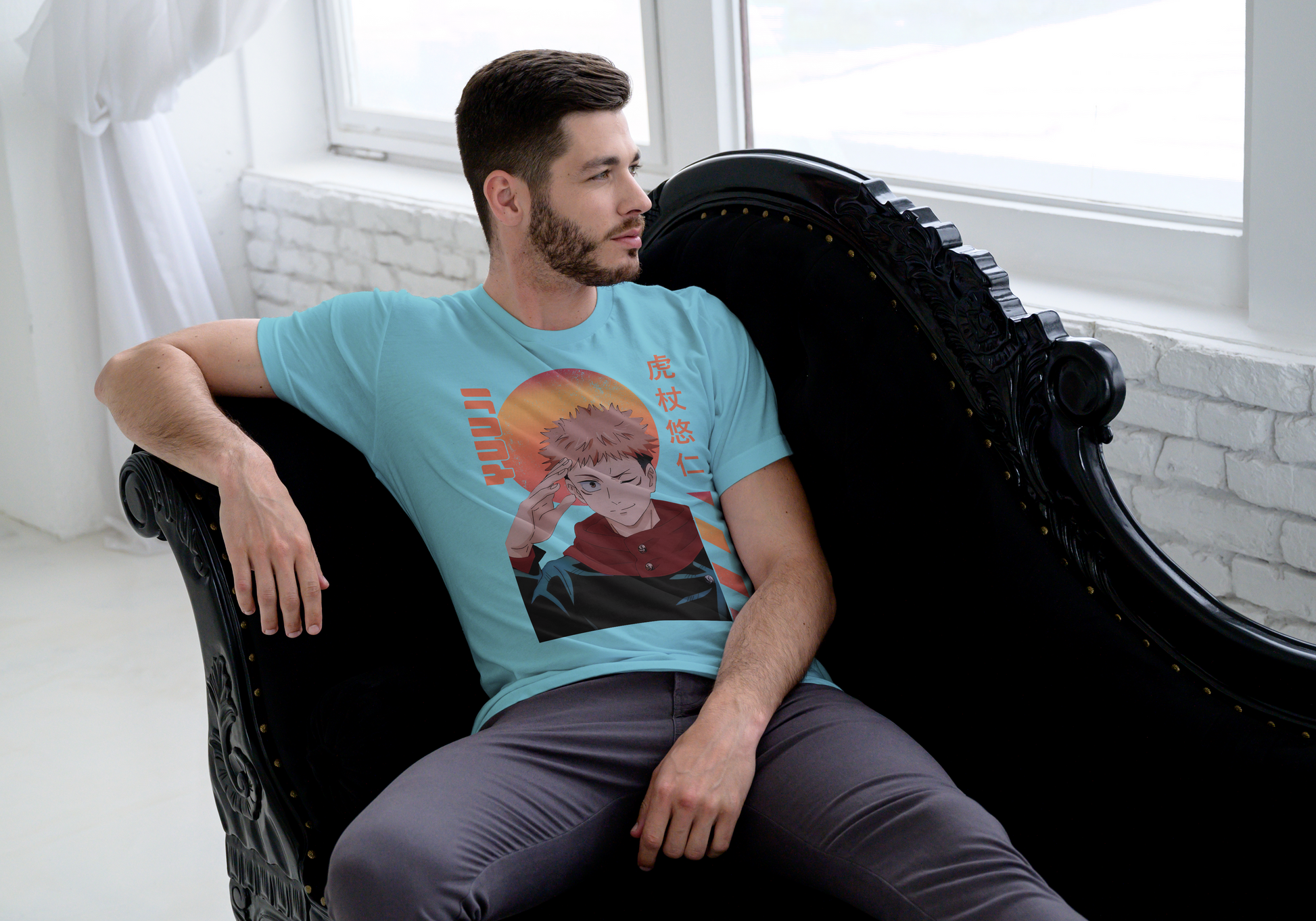 Jujutsu Kaisen Yuji Itadori T-Shirt - Retro Sunset Cursed Energy Design | Premium Unisex Triblend Tee