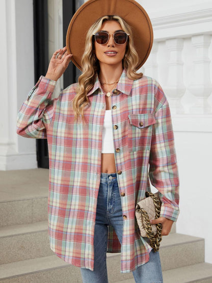 Plaid Long Sleeve Collared Shirt with Pockets - 100% Rayon