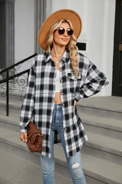 Plaid Long Sleeve Collared Shirt with Pockets - 100% Rayon