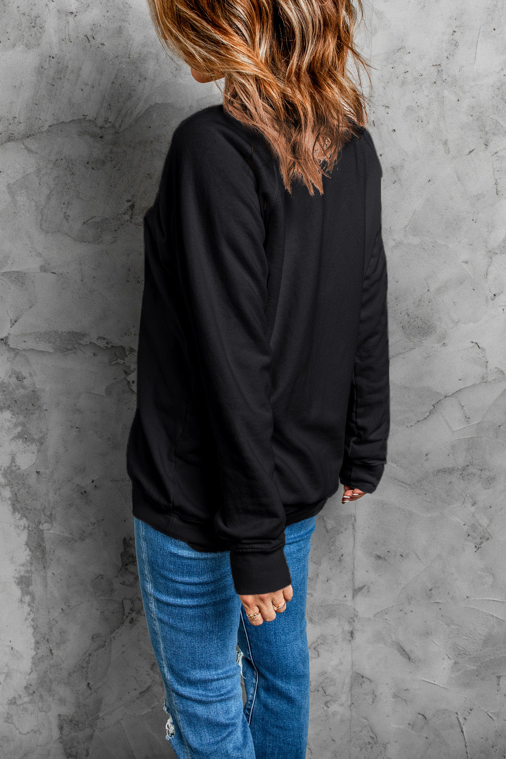 Letter Graphic Round Neck Long Sleeve Sweatshirt with Opaque Sheerness