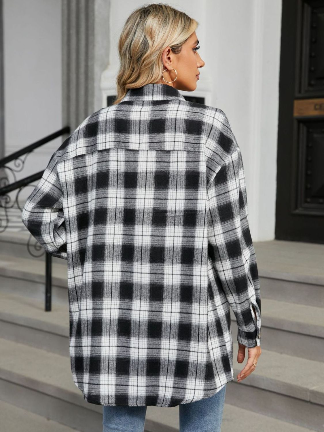 Plaid Long Sleeve Collared Shirt with Pockets - 100% Rayon