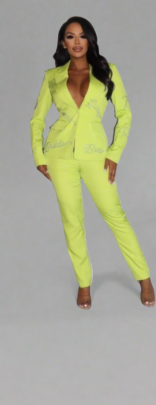 2 Piece Powersuit Blazer & Pants Set with Rhinestone Embellishments - Lime
