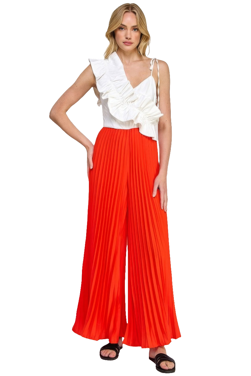 Asymmetrical Ruffle Jumpsuit with Pleated Bottoms in Tomato/Off White - 100% Polyester Comfort - S, M, L