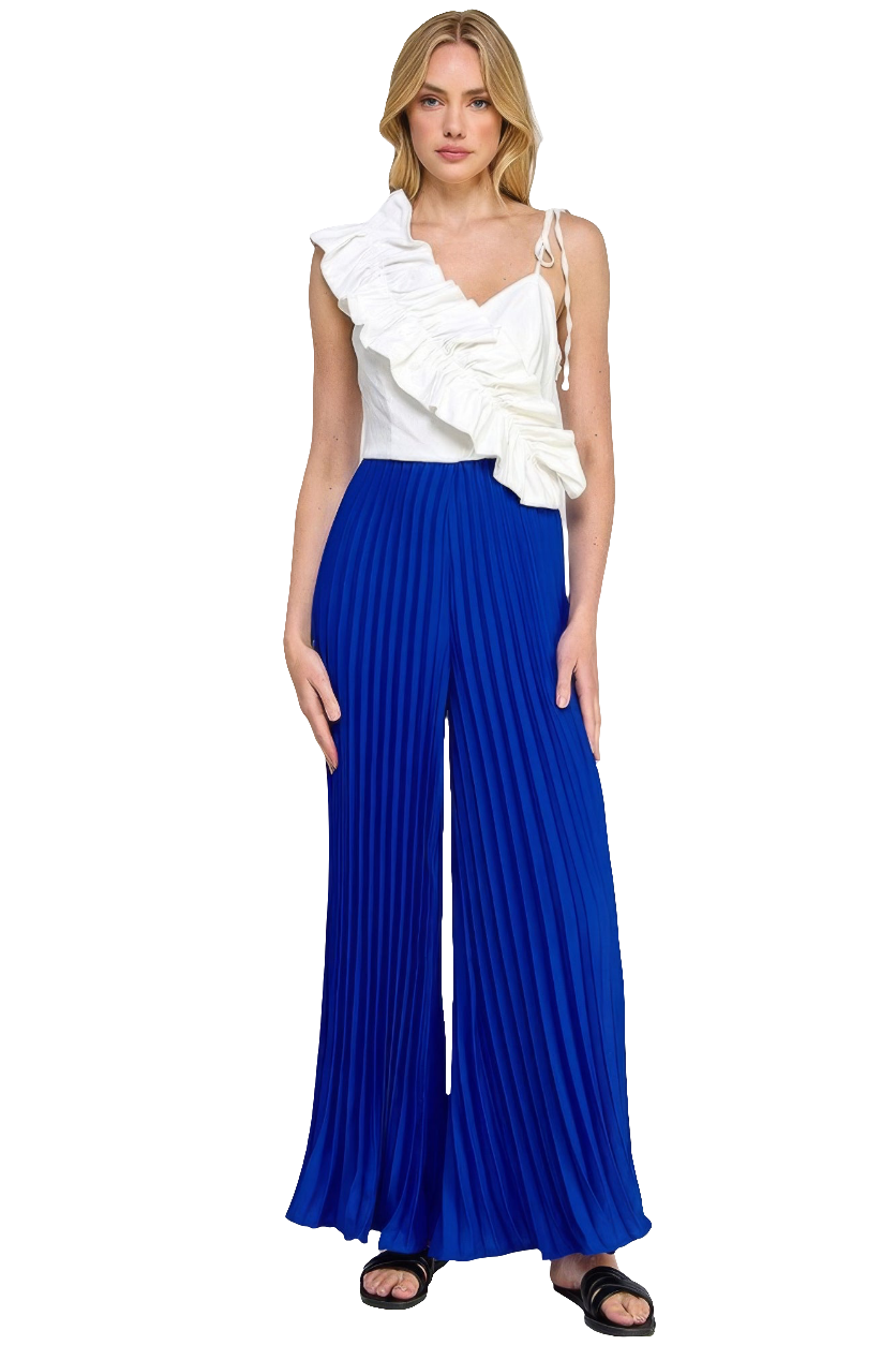 Cami Asymmetrical Ruffle Jumpsuit with Pleated Bottoms