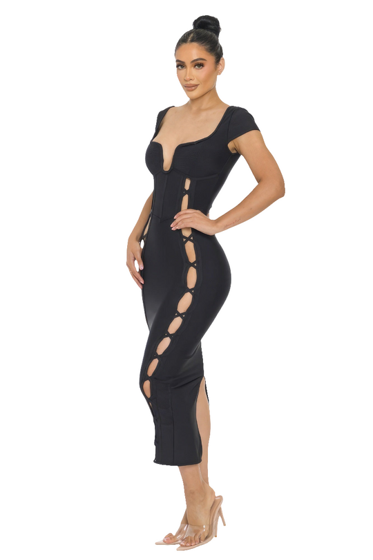 Black Sleeveless Bandage Midi Dress with Wired Neckline & Cut Outs