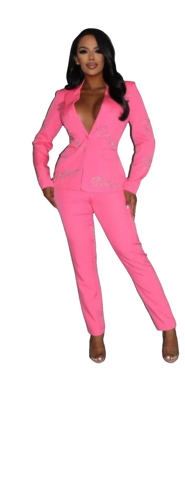 2 Piece Powersuit Blazer & Pants Set with Rhinestone Letterings - Pink Fashion Ensemble
