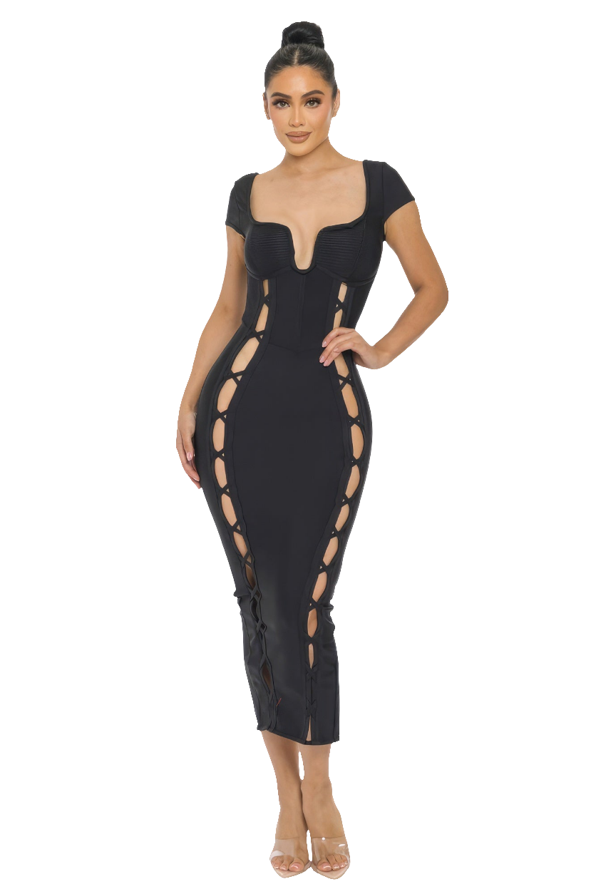 Black Sleeveless Bandage Midi Dress with Wired Neckline & Cut Outs