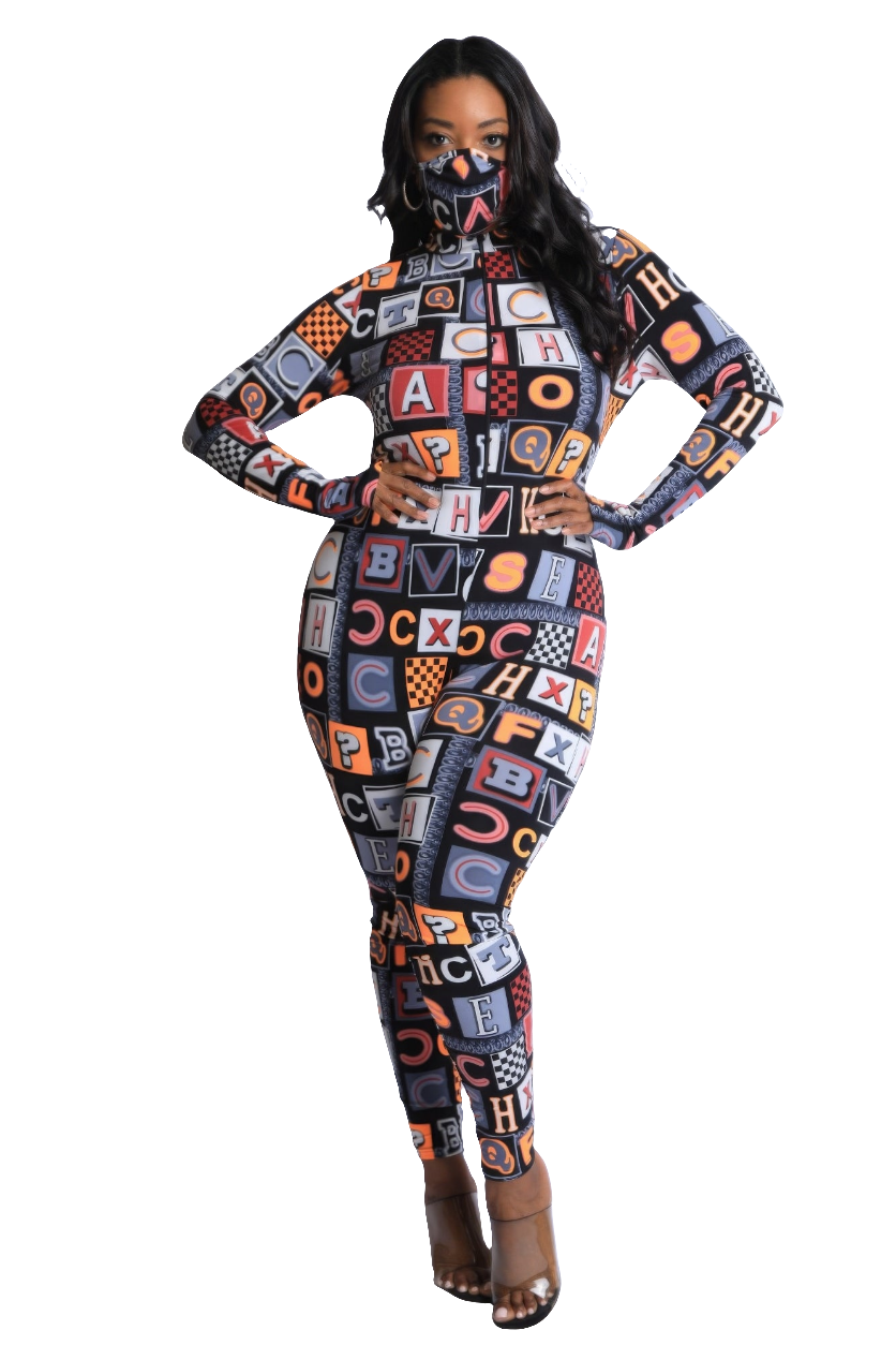 Alphabet Graphic Neon Jumpsuit in Burgundy Multi - Stretchy Jersey Knit, Sizes 1XL-3XL