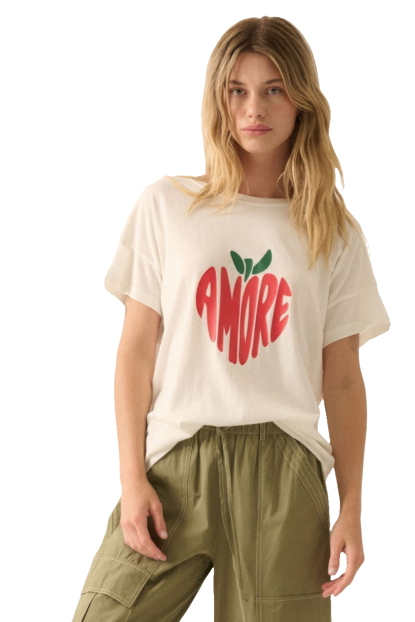 AMORE Apple Heart Graphic Tee | 100% Cotton | Garment-Washed | Ivory | Women's Graphic Tee
